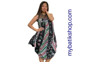 Batik Cap Sleeveless Dress with Sheer Lace Top Black and Multi Checkers