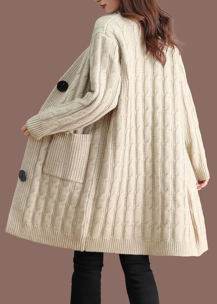 Beige Pockets Cable Wool Knit Fall Cardigans V Neck QS014