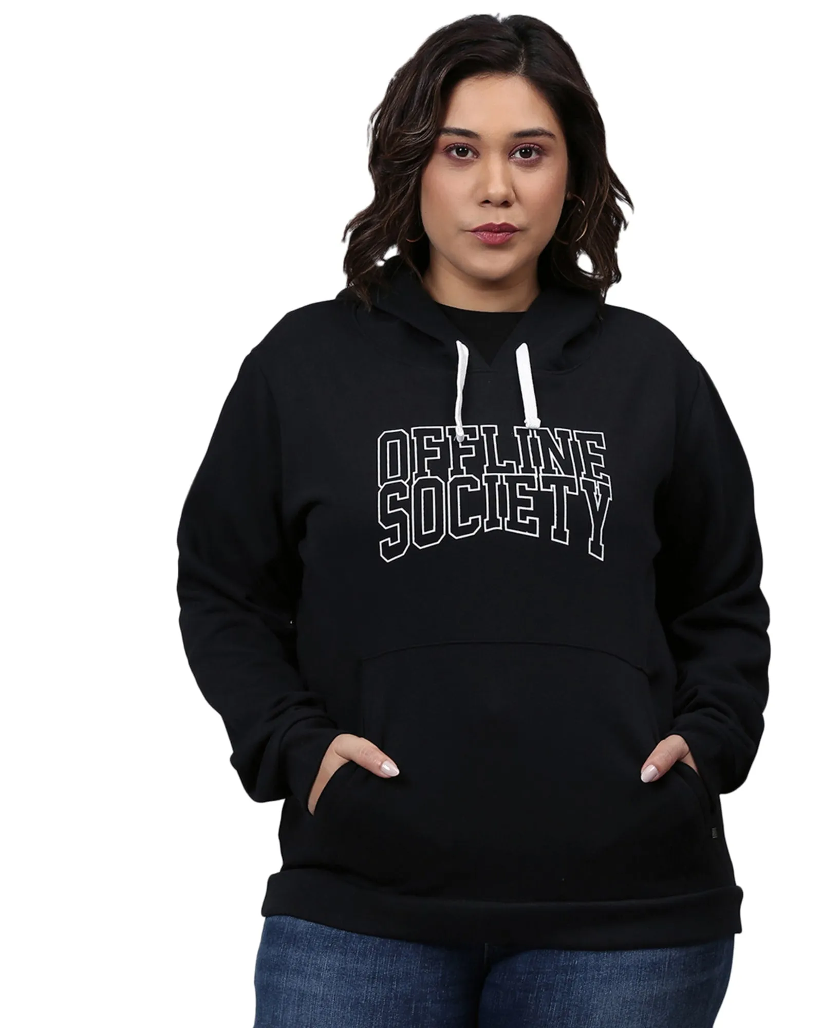 Black Hooded "Offline Society" Printed Sweatshirt | Black