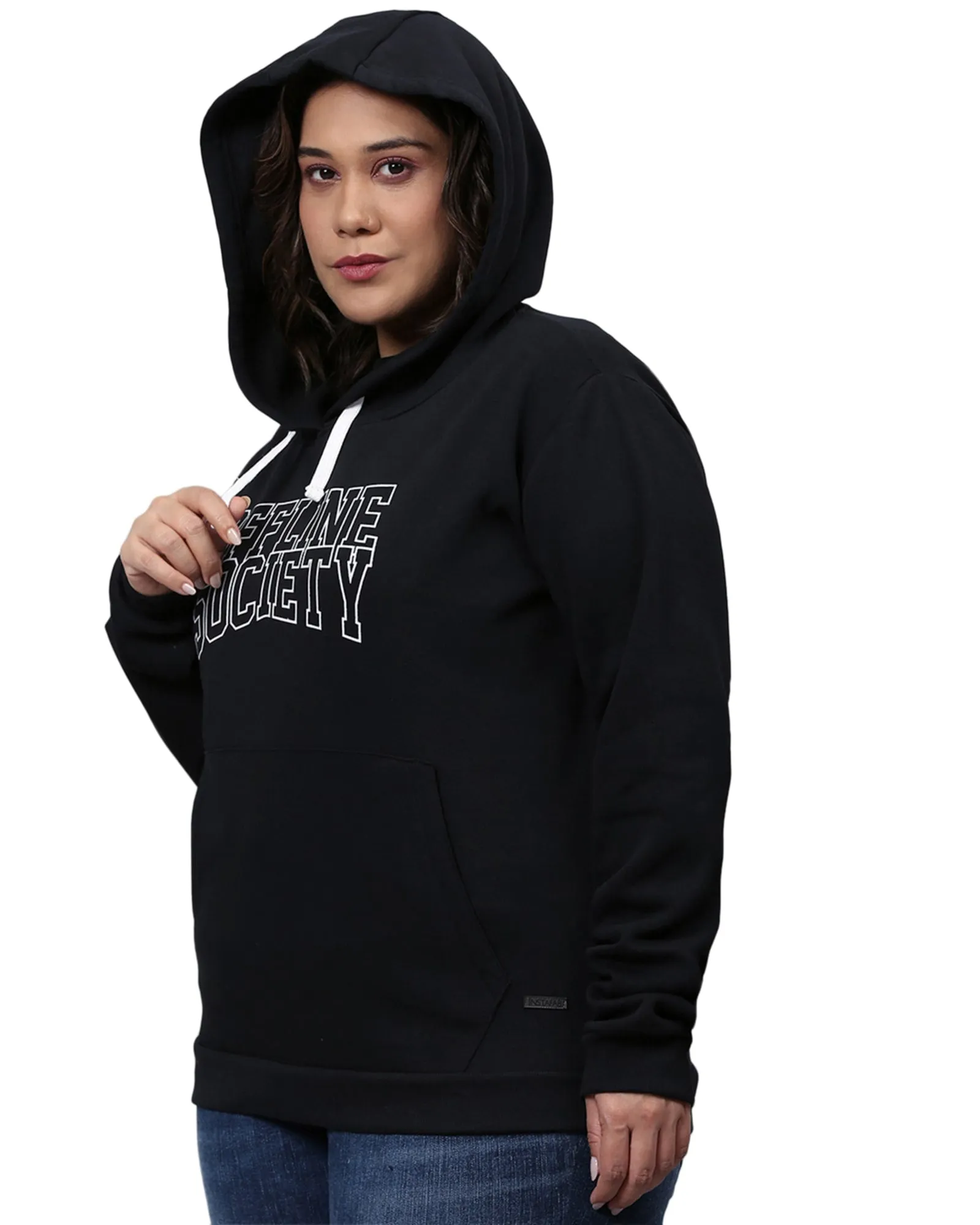 Black Hooded "Offline Society" Printed Sweatshirt | Black