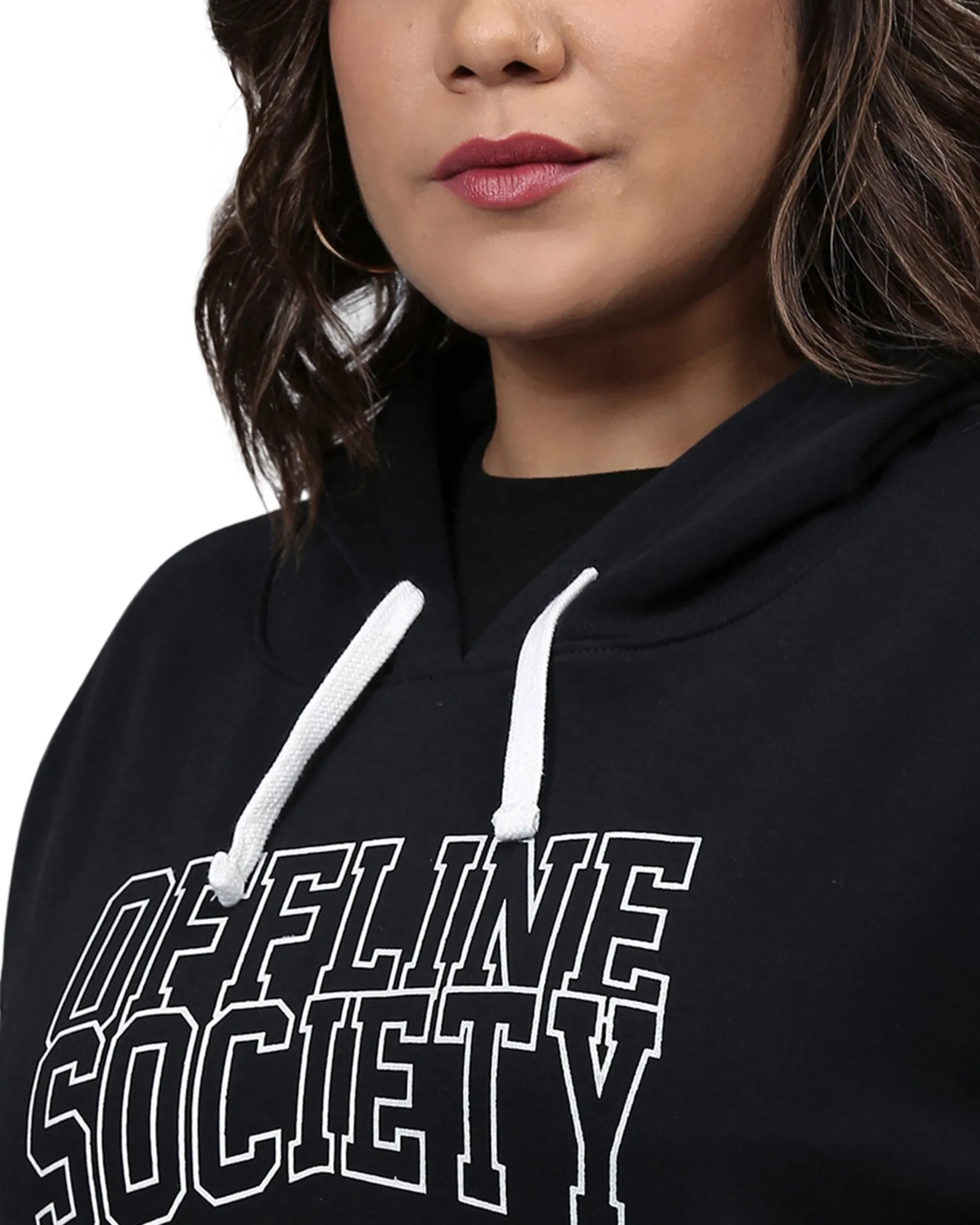 Black Hooded "Offline Society" Printed Sweatshirt | Black