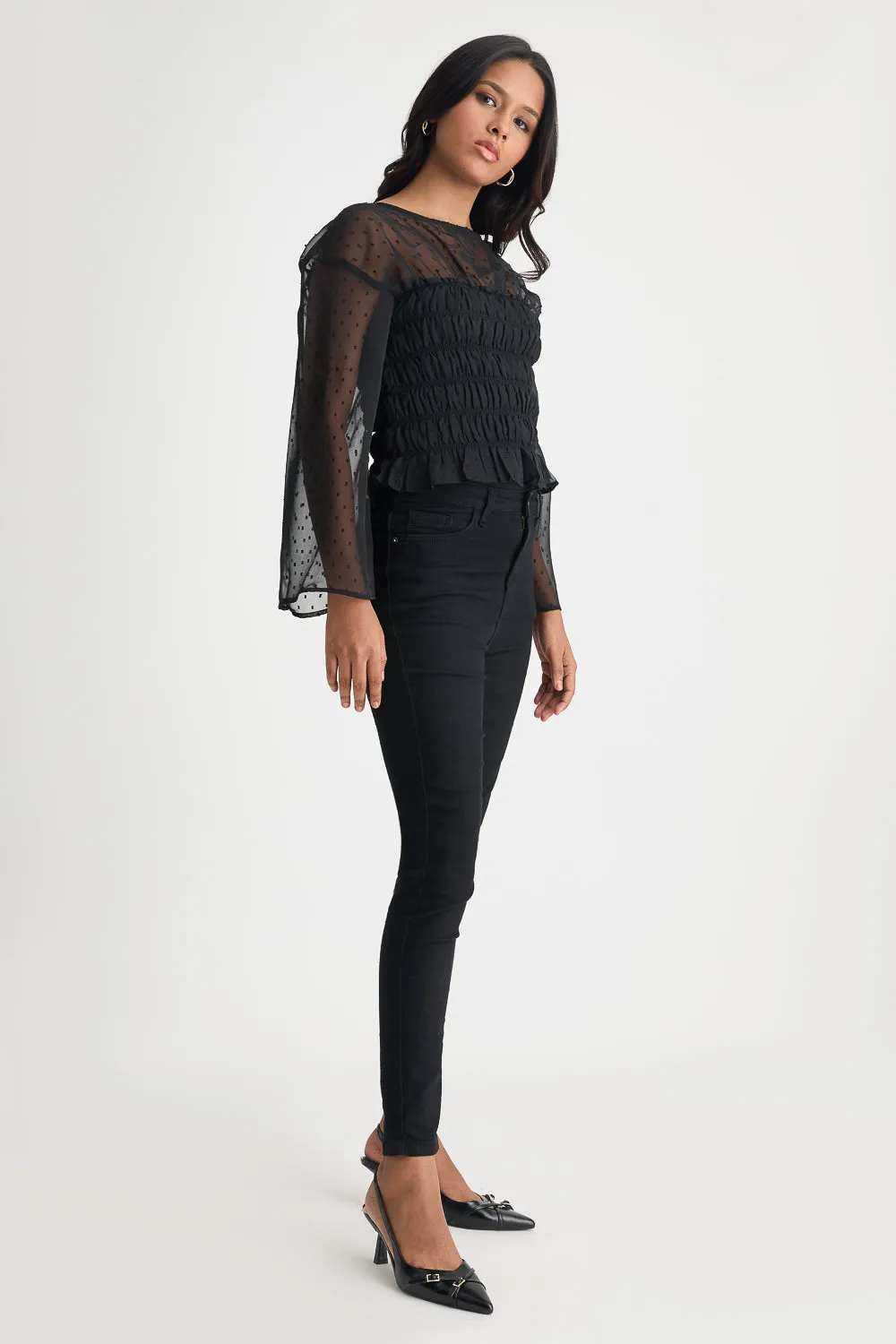 Black Mesh Ruched Top