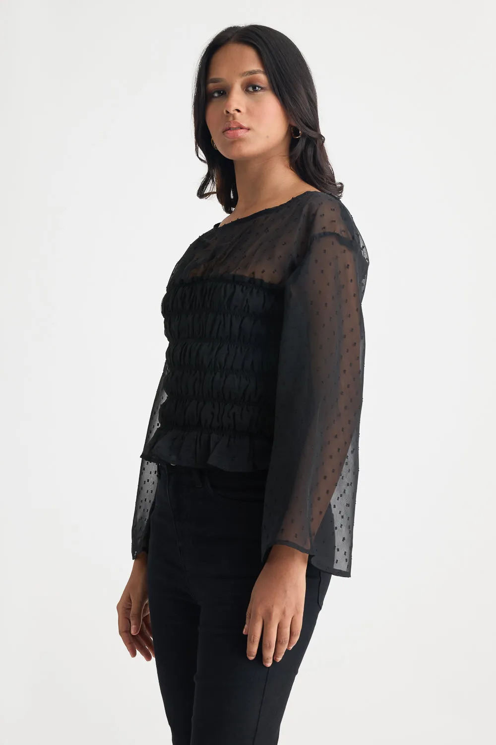 Black Mesh Ruched Top