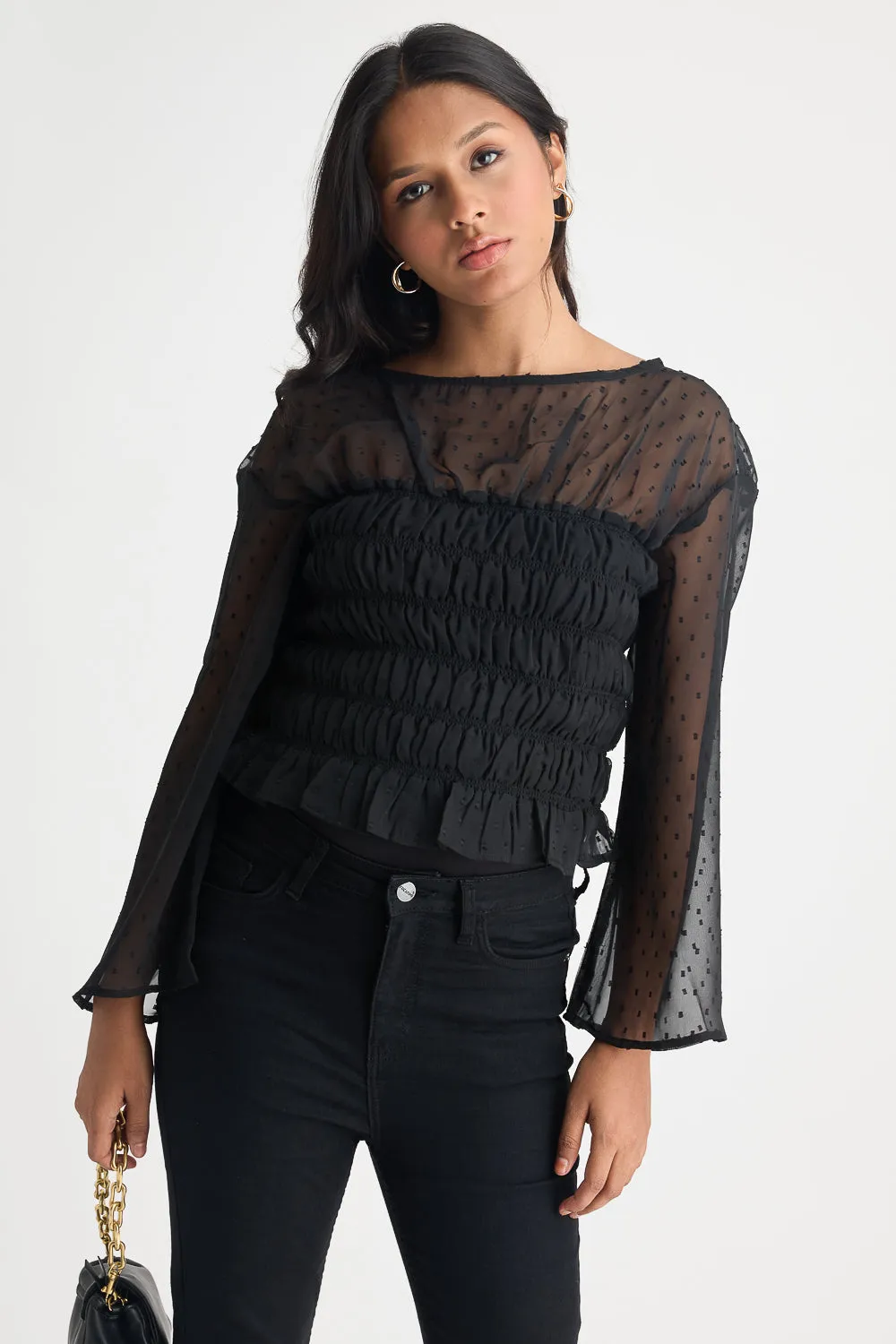 Black Mesh Ruched Top