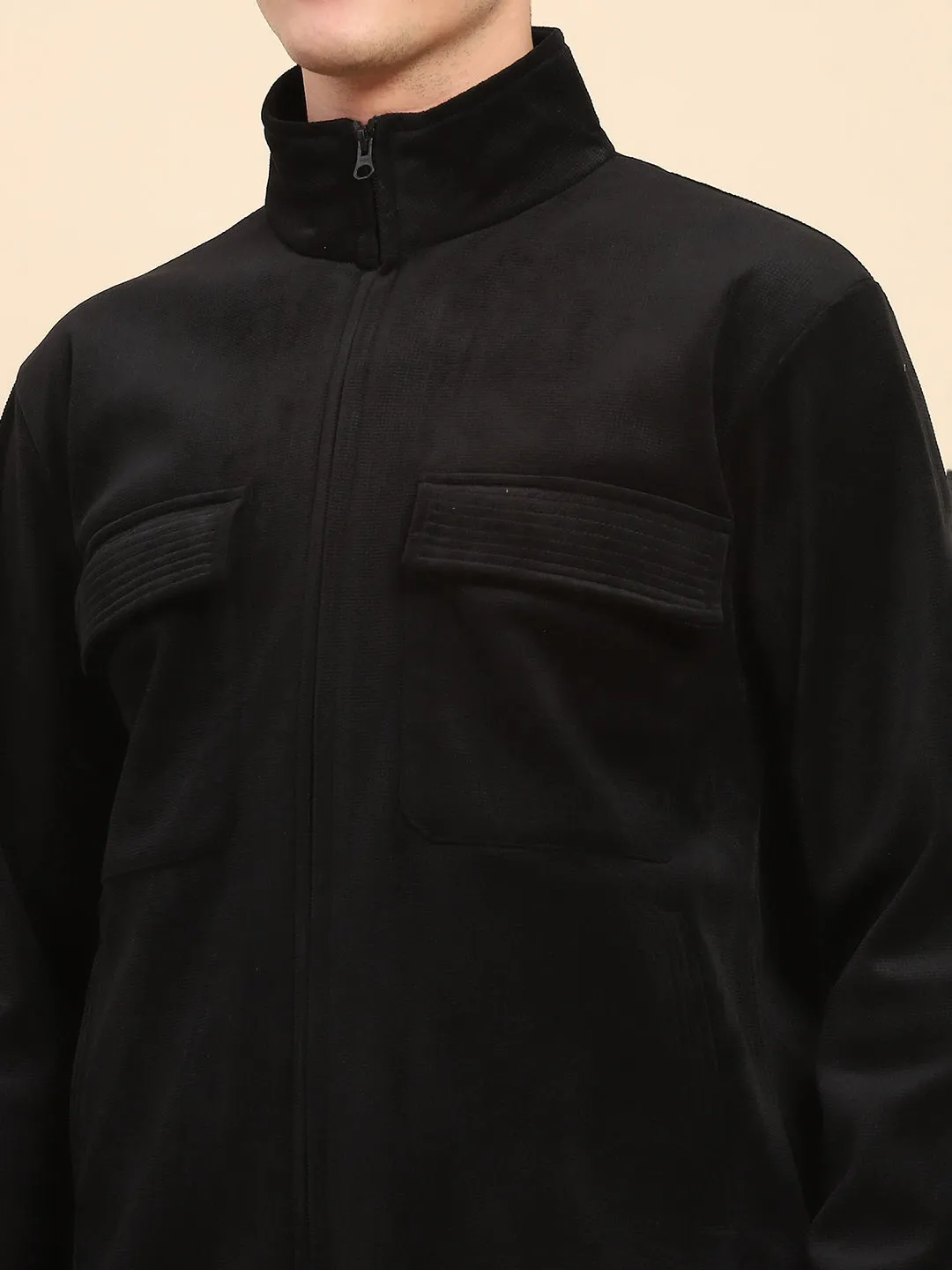 Black Poly Blend Flap Pocket Solid Jacket