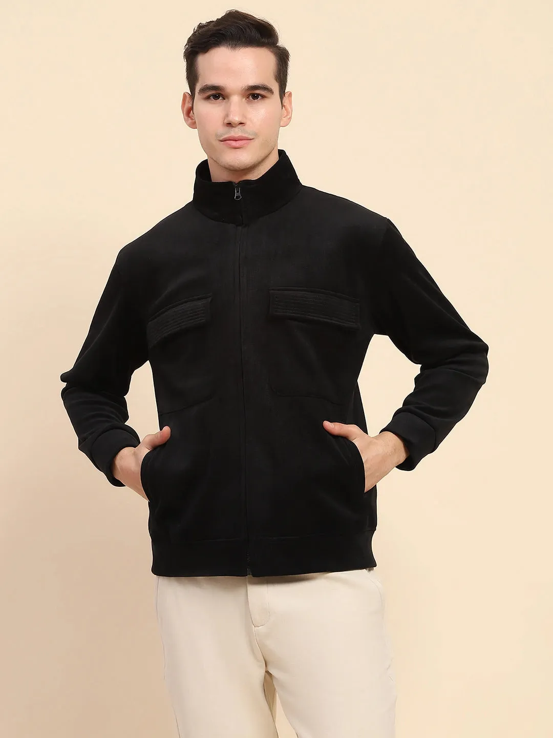 Black Poly Blend Flap Pocket Solid Jacket