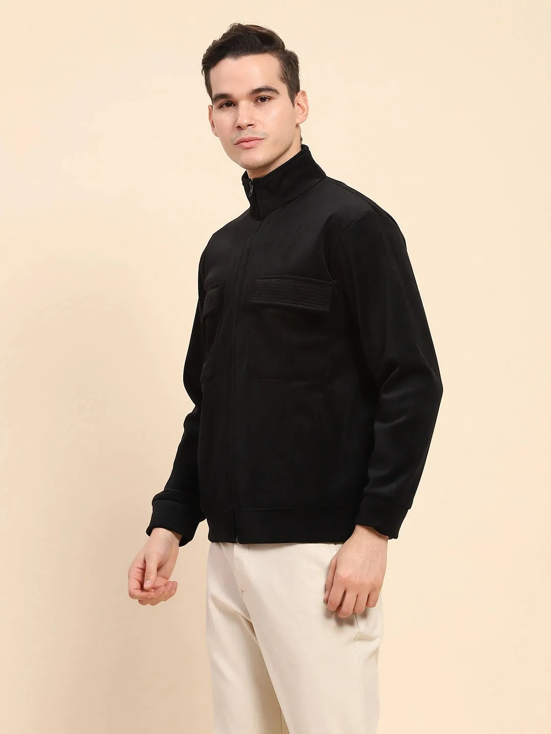 Black Poly Blend Flap Pocket Solid Jacket