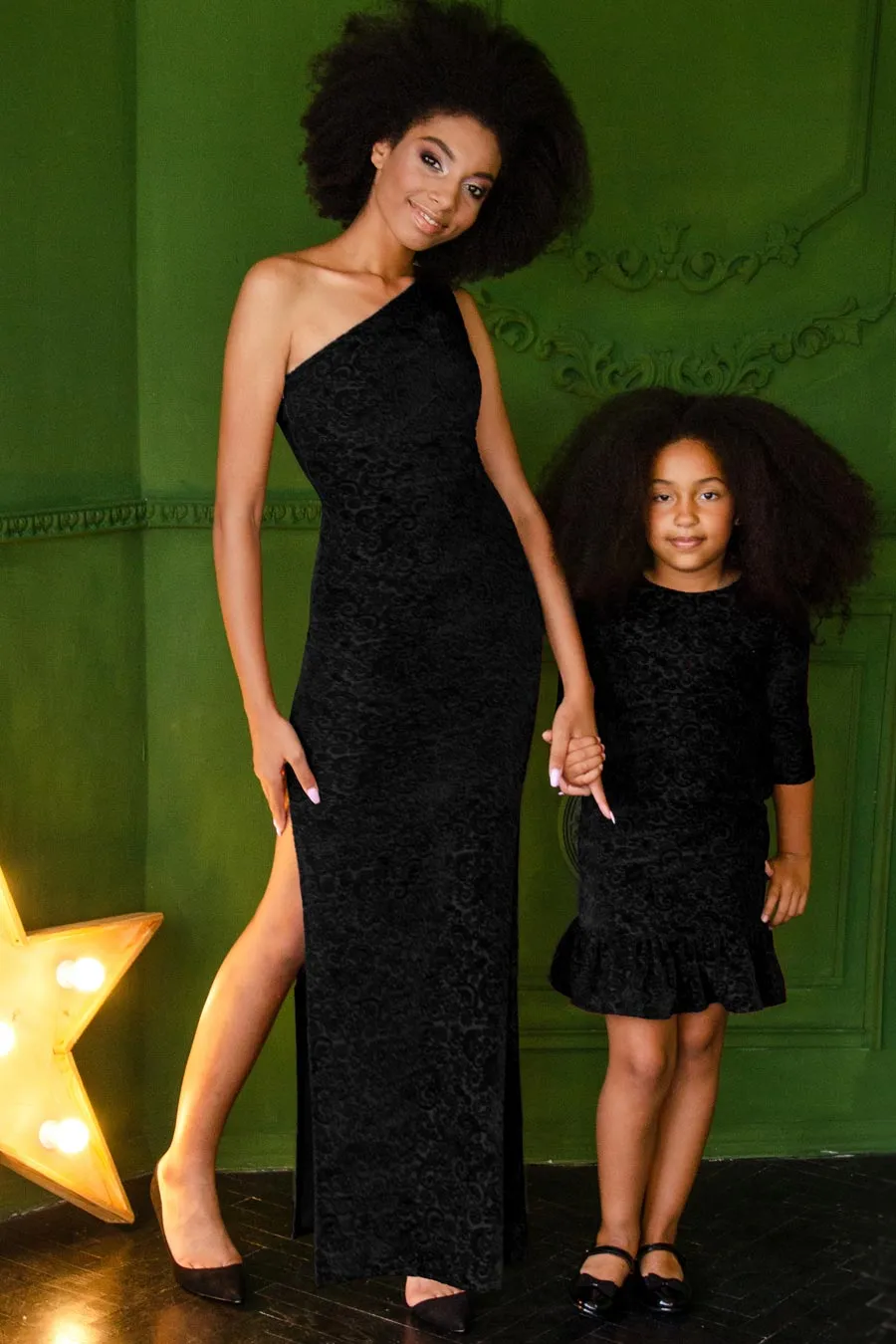 Black Velvet Jacquard Holiday Dresses - Mommy & Me