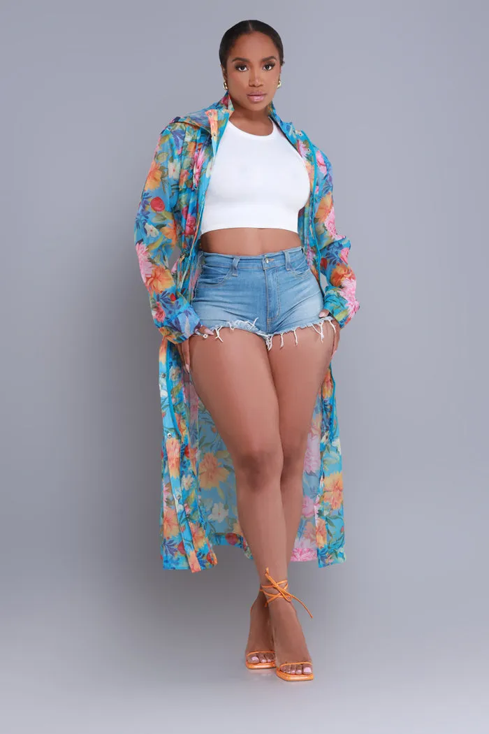 Blooming Hearts Oversized Floral Hooded Longline Jacket - Blue Multicolor