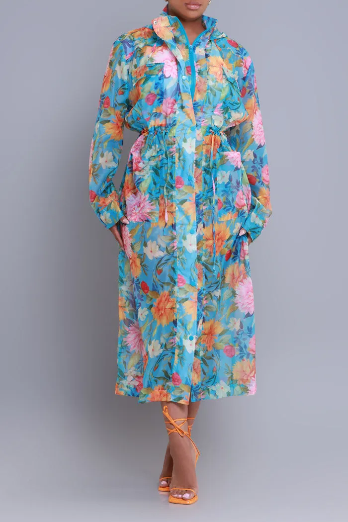 Blooming Hearts Oversized Floral Hooded Longline Jacket - Blue Multicolor