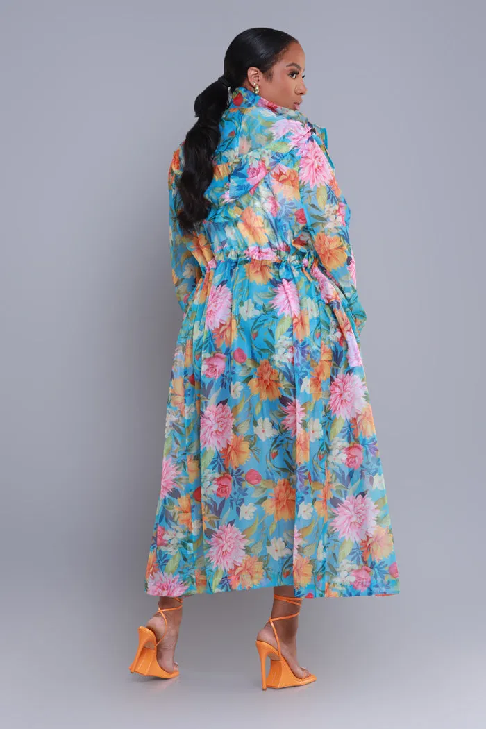 Blooming Hearts Oversized Floral Hooded Longline Jacket - Blue Multicolor