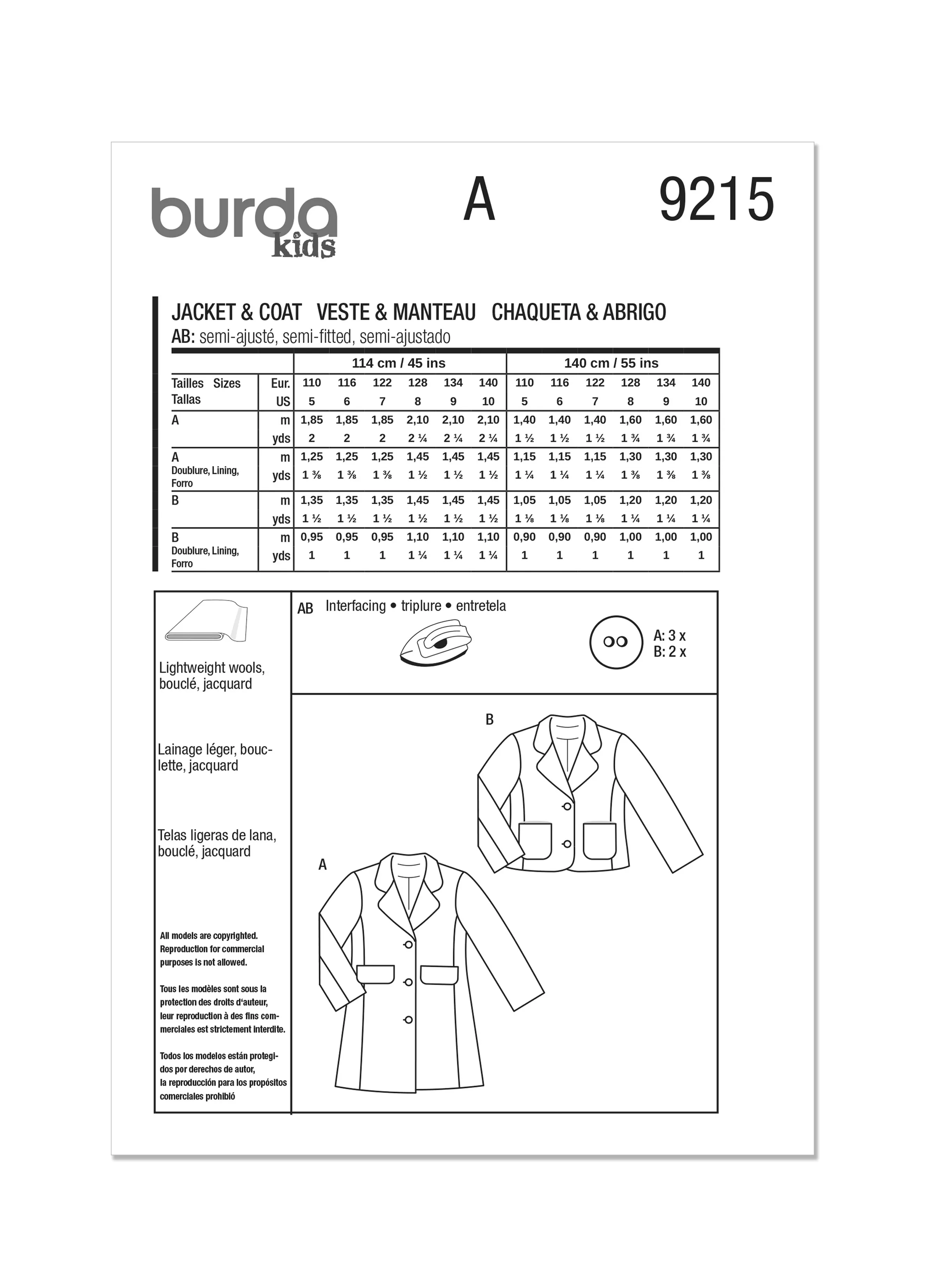 Burda Style Pattern 9215 Children's Coats