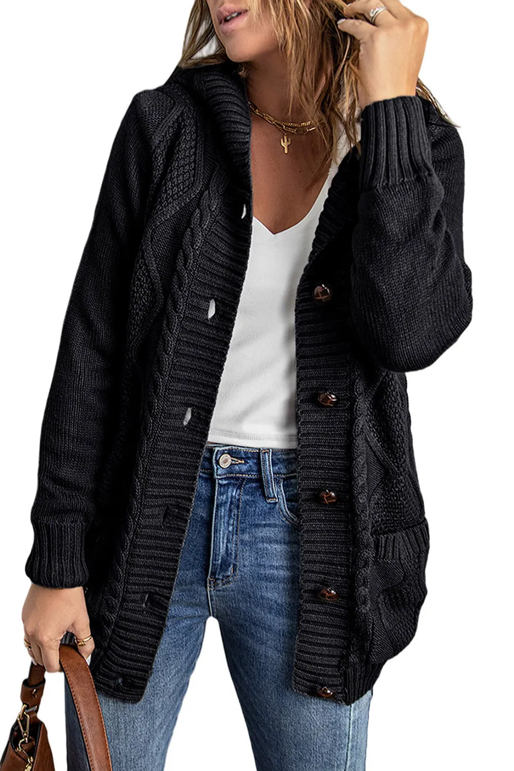 Buttoned Hooded Open Front Knitted Sweater