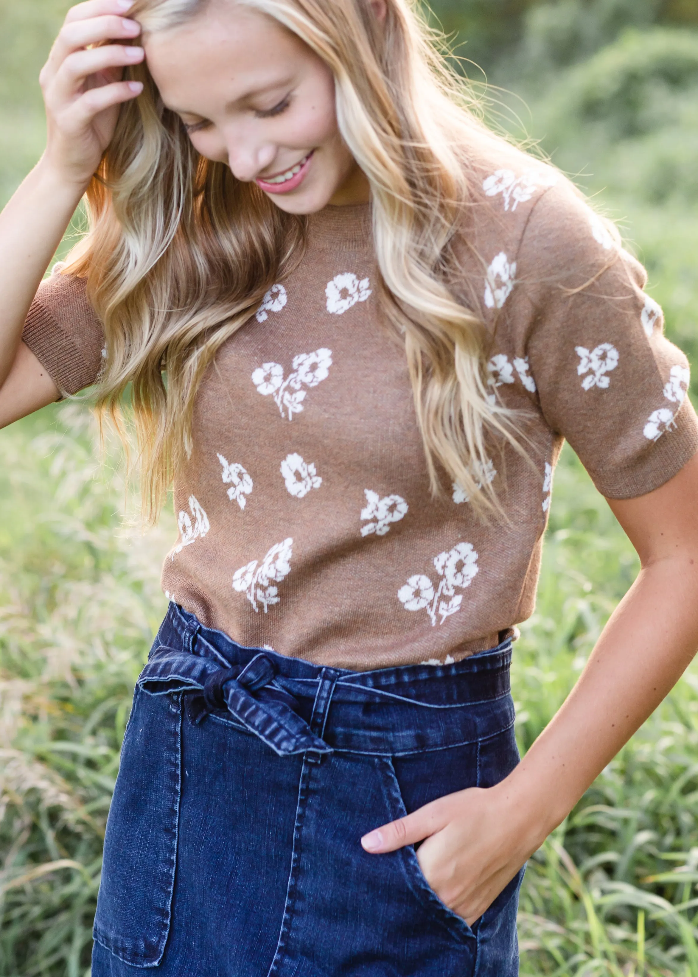 Camel Floral Print 1/2 Sleeve Top - FINAL SALE