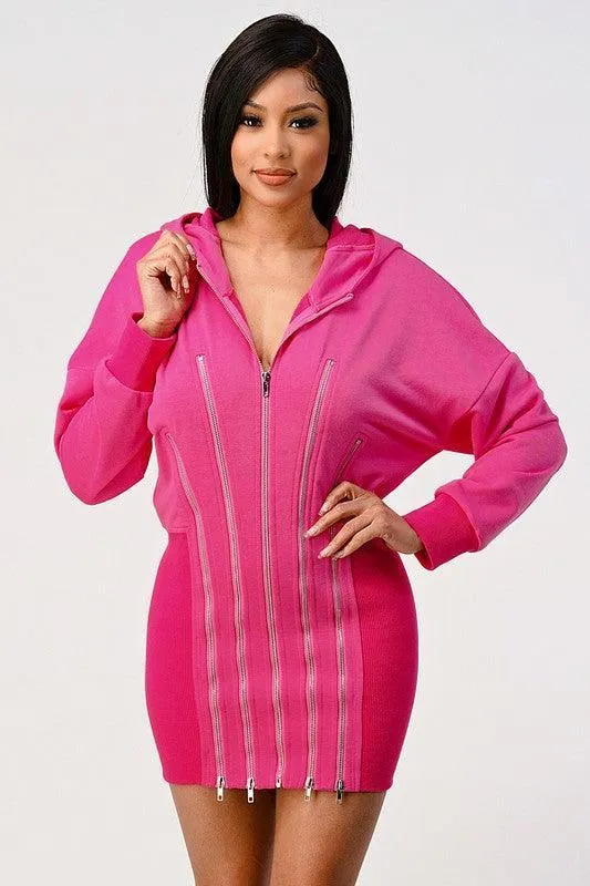 Casual zipper detail pink hoodie zip up dress