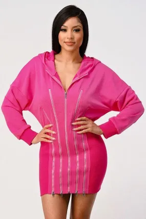 Casual zipper detail pink hoodie zip up dress