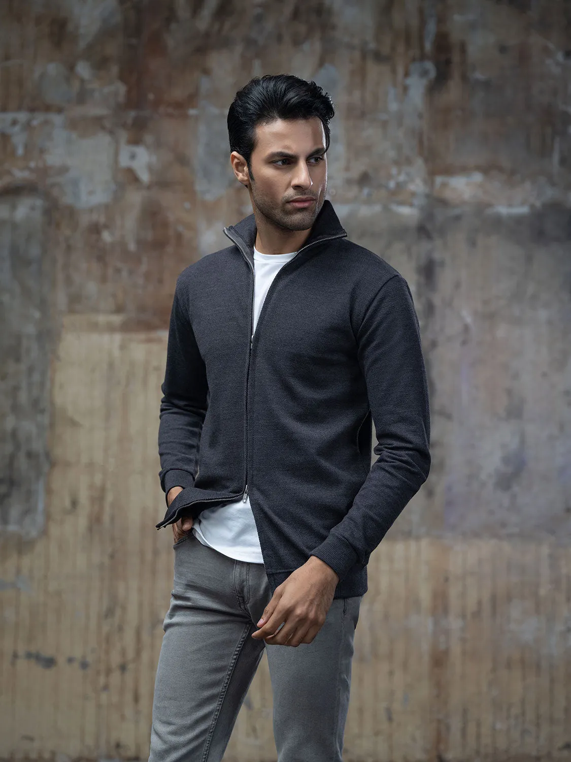 Charcoal Double Zip High Neck Cardigan