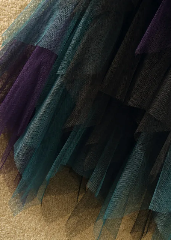 Chic Blue Asymmetrical Elastic Waist Patchwork Tulle Skirts Summer AS1087