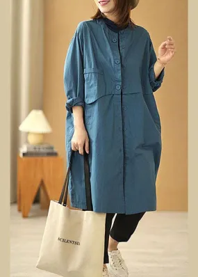 Chic Blue Stand Collar Button Pockets Fall Cotton Coats Long sleeve