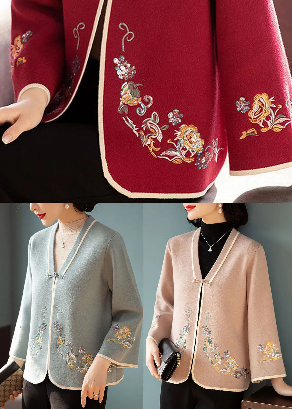 Chic Blue V Neck Embroideried Woolen Coats Long Sleeve