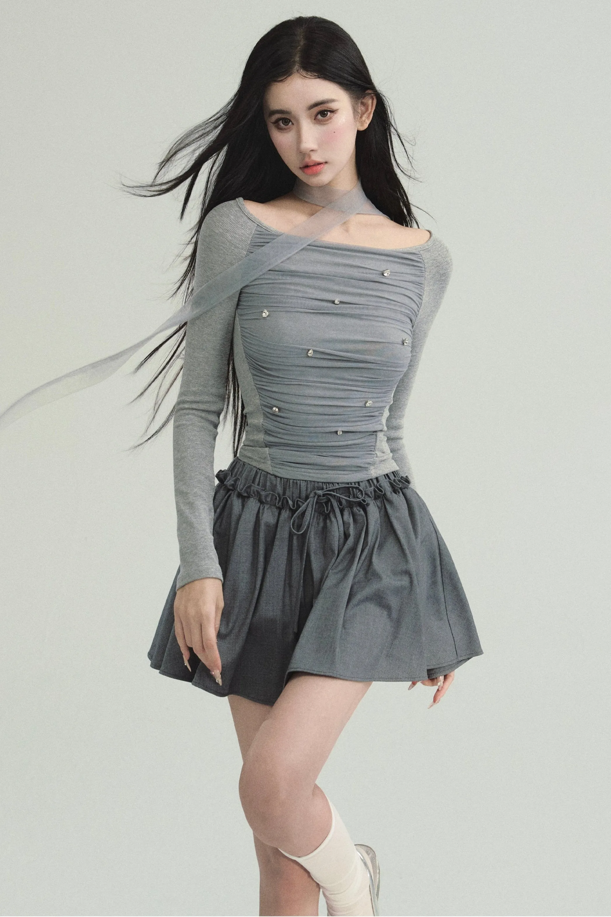 Chic Gray Off-Shoulder Strappy Top and Flared Mini Skirt Set