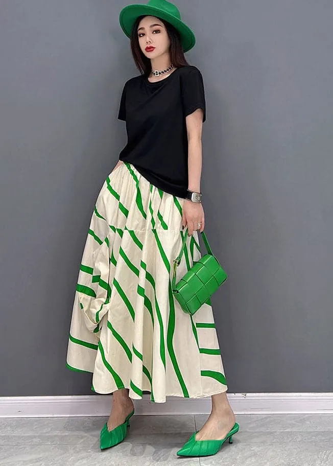 Chic Green Striped Elastic Waist Asymmetrical Cotton Loose Skirts Summer