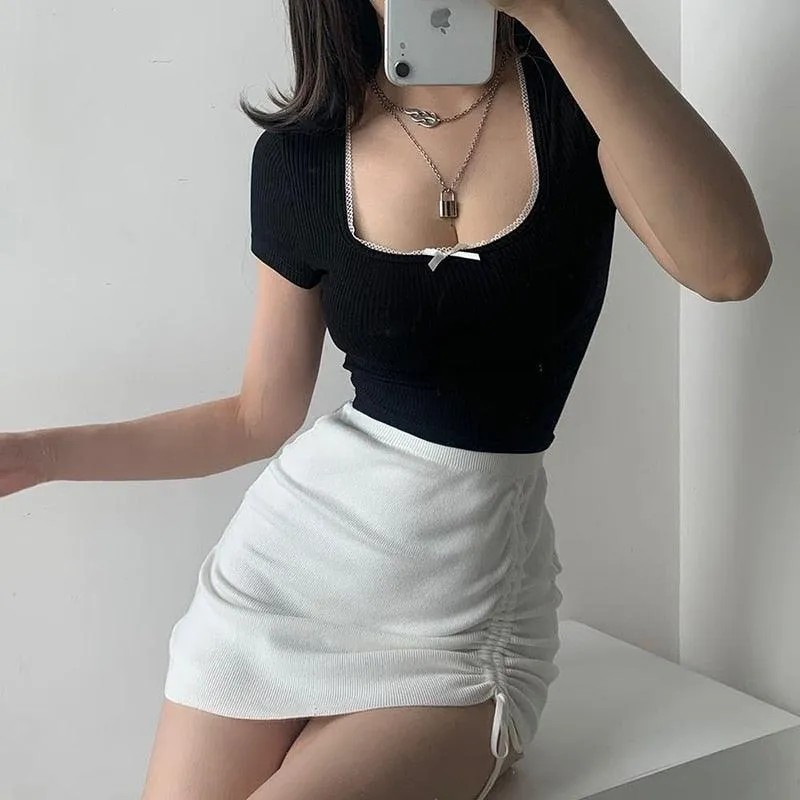 Chic White High Waist Stretch Mini Skirt with Drawstring Detail