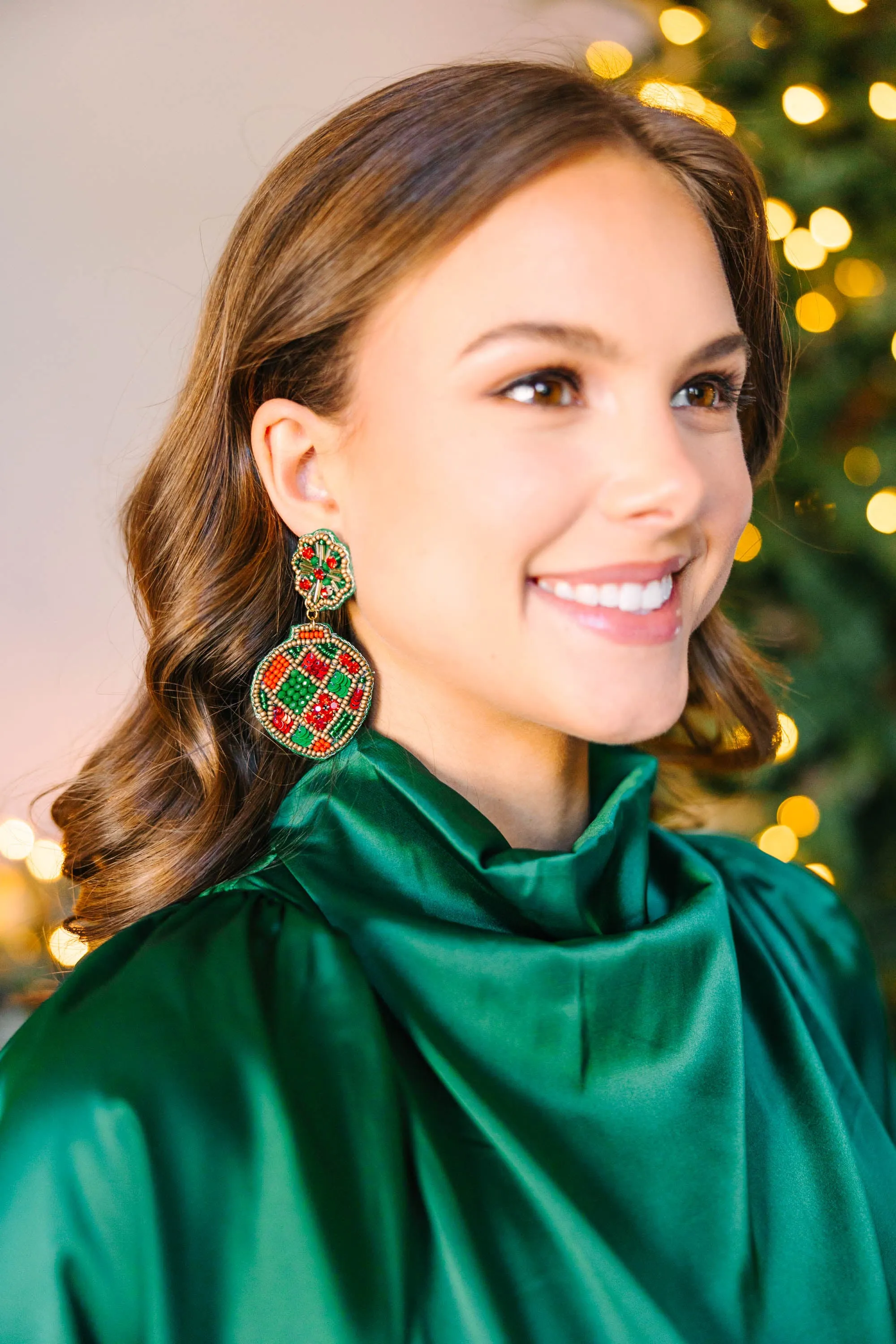 Christmas Ornament Green Beaded Earrings