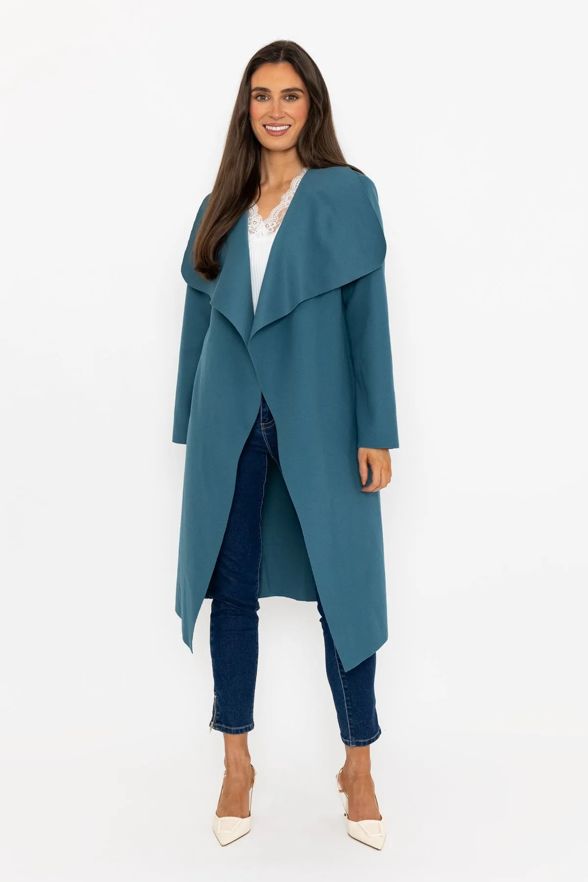 Chuck On Long Wrap Coat in Teal