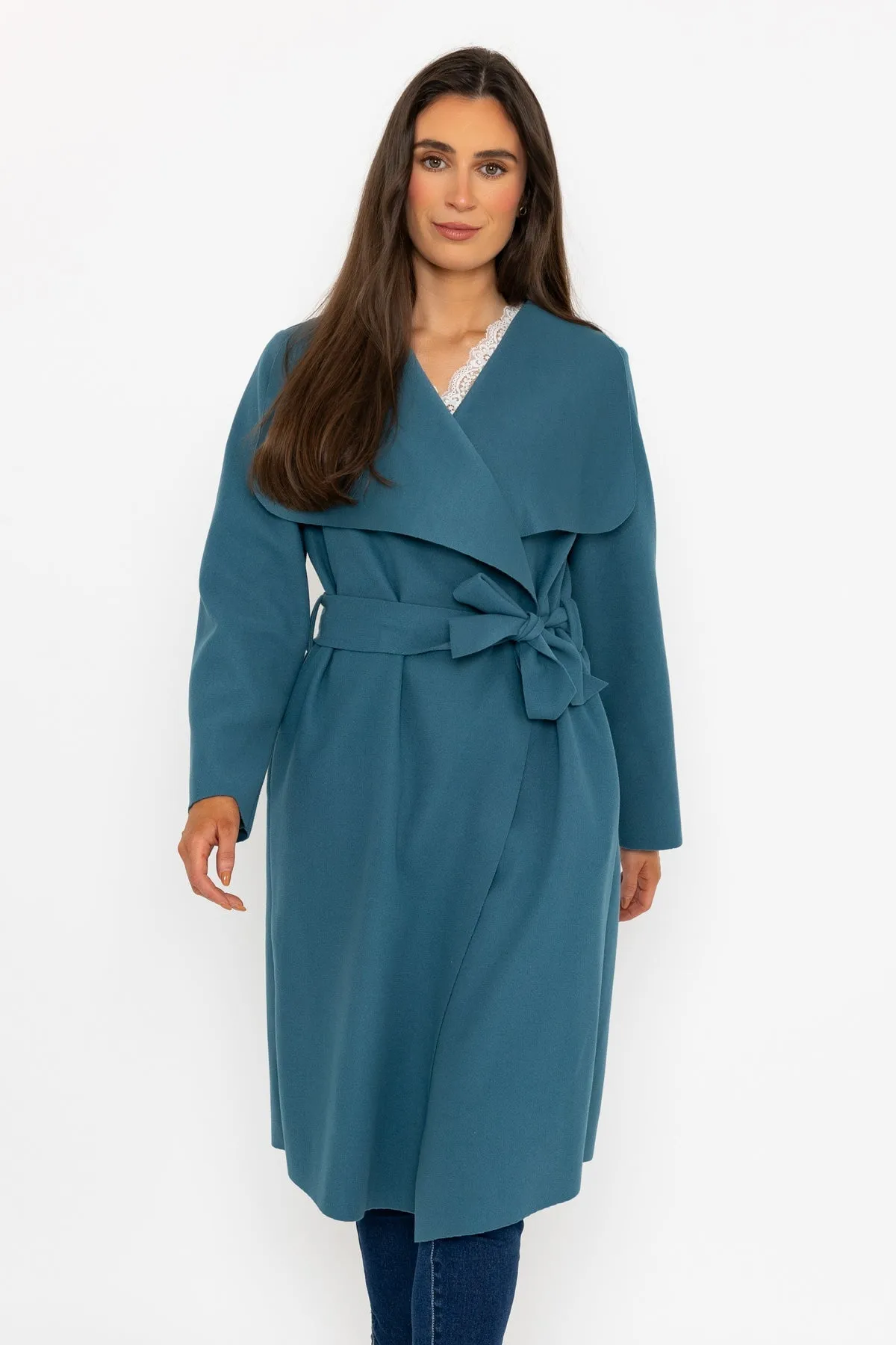 Chuck On Long Wrap Coat in Teal