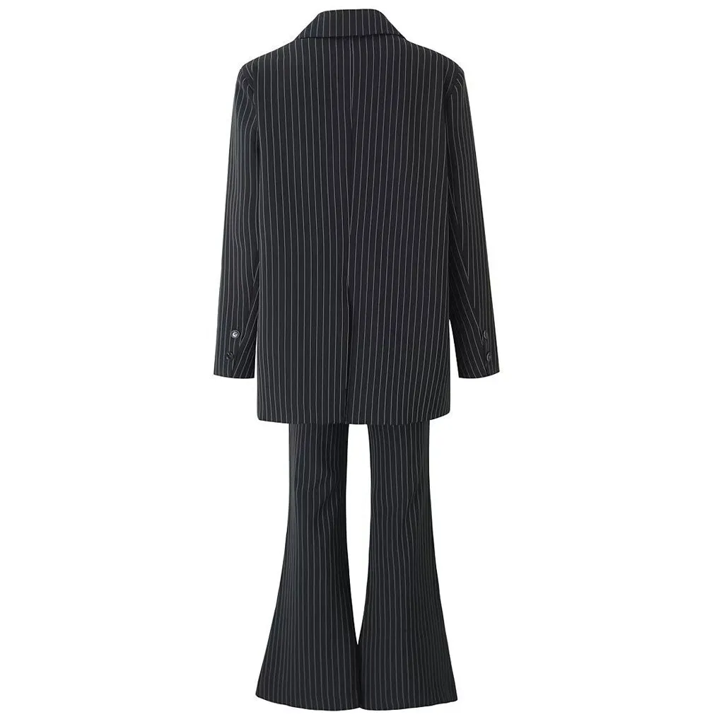 Classic Peak Lapel Double Breasted Long Sleeve Oversized Pinstripe Blazer