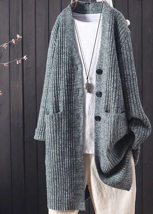 Classy Grey V Neck Pockets Warm Knit Long Cardigan Winter