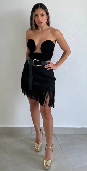 Confidently Chic Black Fringes Mini Skirt