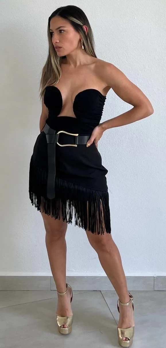 Confidently Chic Black Fringes Mini Skirt