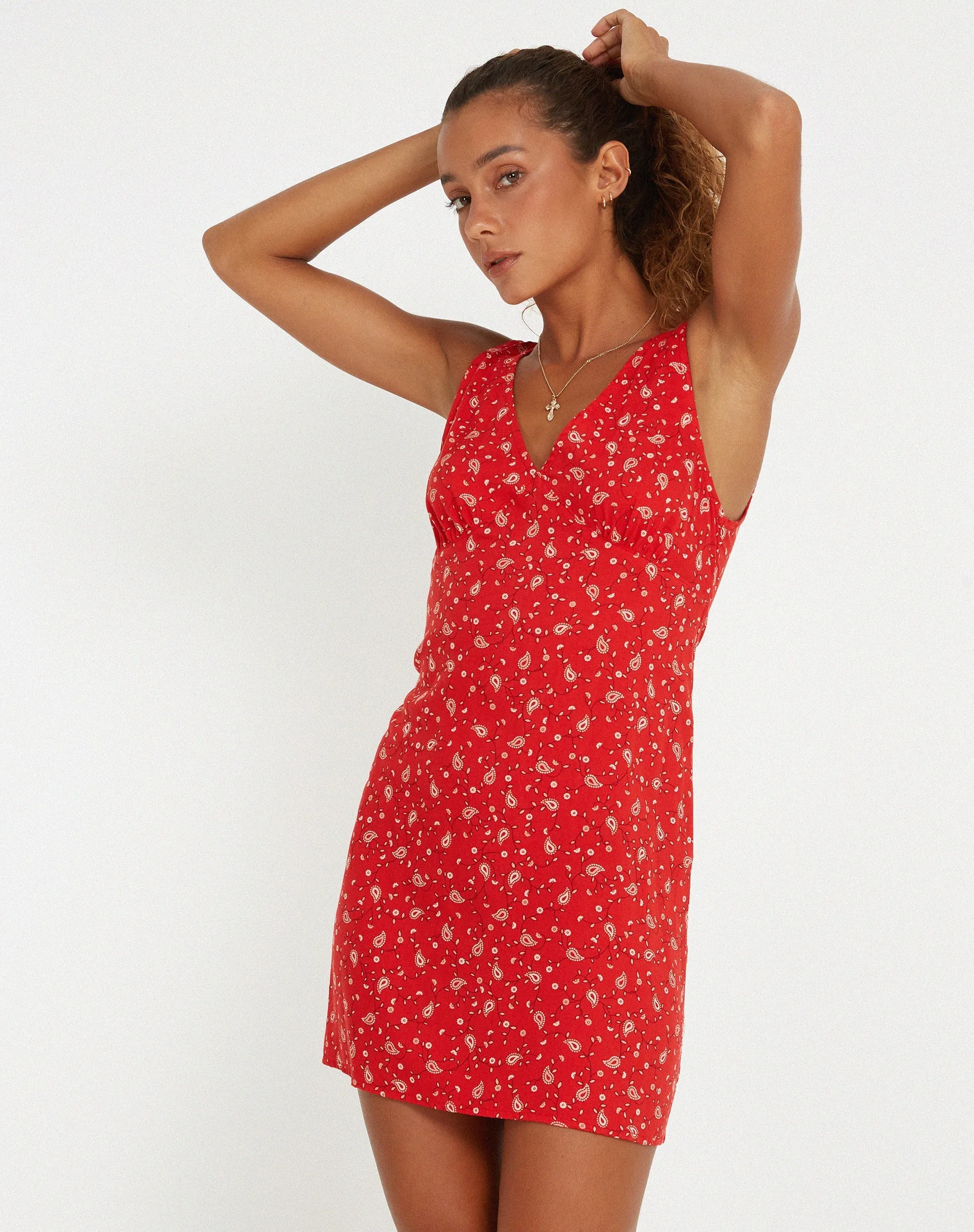 Eluned Day Dress in Paisley Fun Red