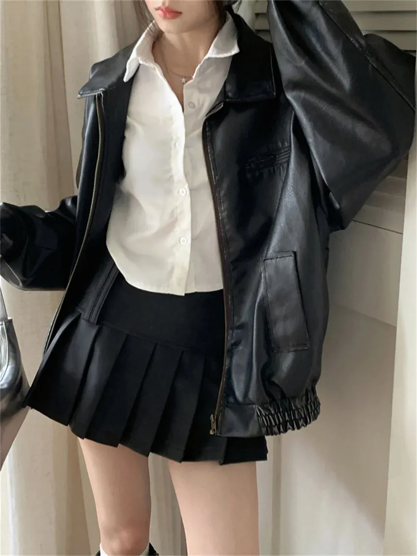 Girlary OL Jackets Women Chic Loose Faux PU Fashion Casual Autumn Locomotive Daily Office Lady Slim High Street Coats