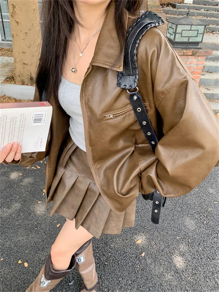 Girlary OL Jackets Women Chic Loose Faux PU Fashion Casual Autumn Locomotive Daily Office Lady Slim High Street Coats