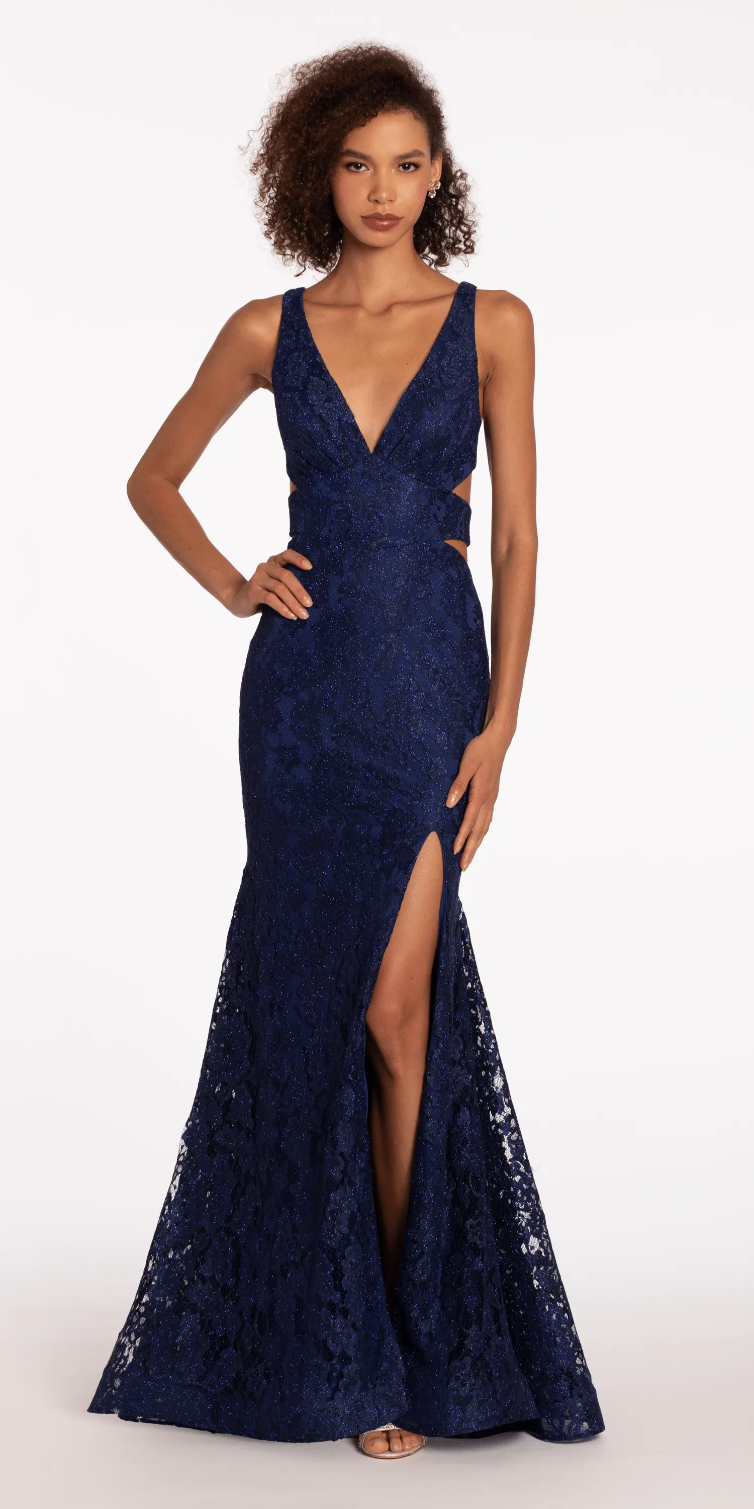 Glitter Lace Plunging Trumpet Dress