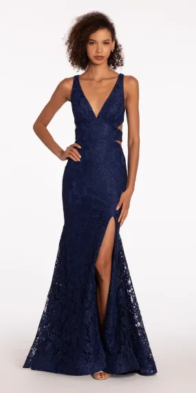 Glitter Lace Plunging Trumpet Dress