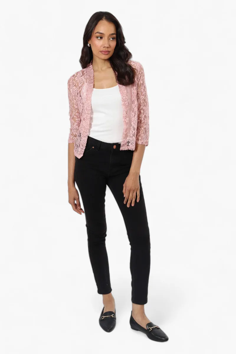 Impress Floral Lace 3/4 Sleeve Wrap Cardigan - Pink