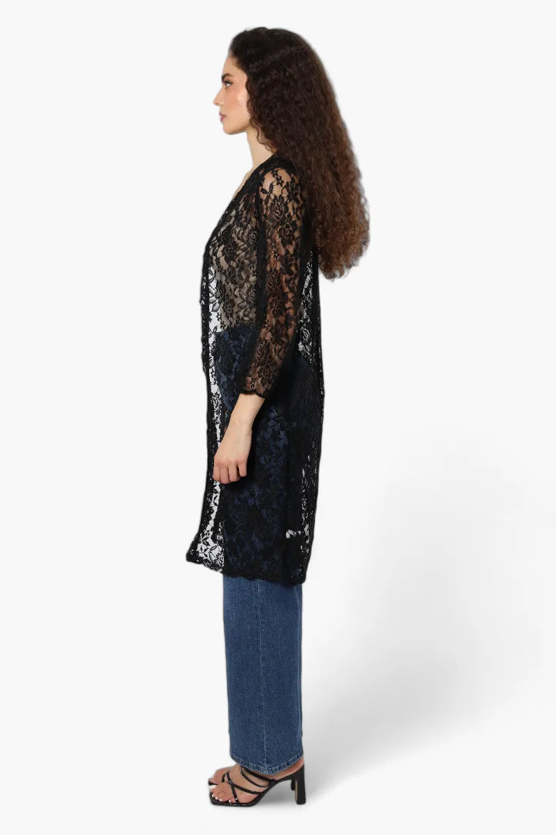 Impress Floral Lace Duster Cardigan - Black