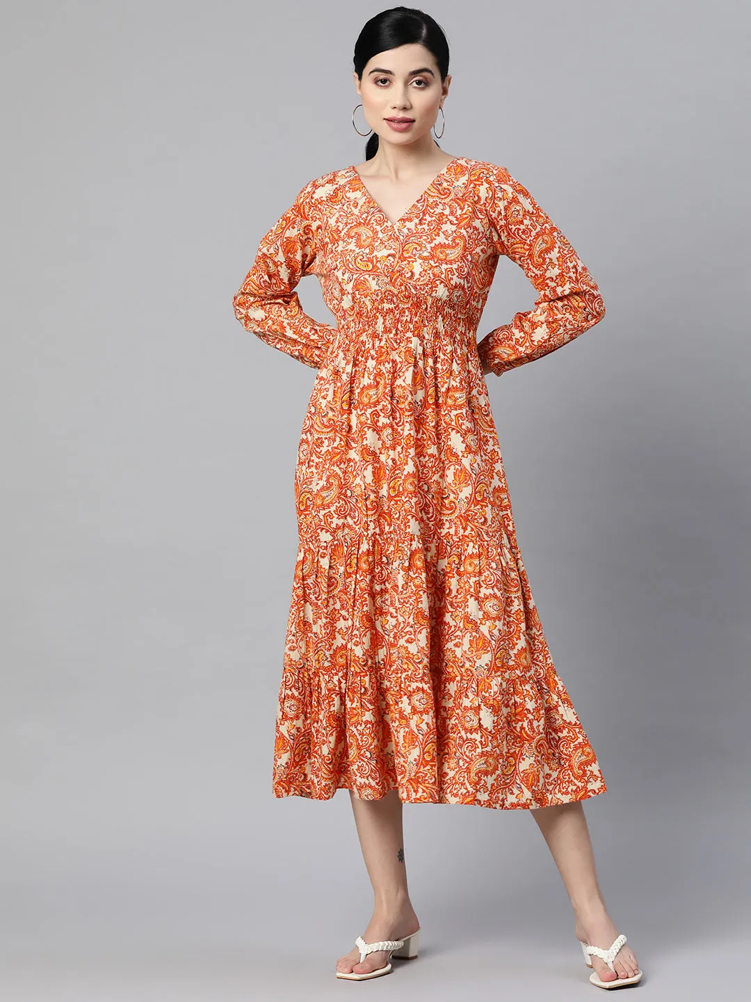 Indibelle Cotton Paisley Print Dress (Orange)