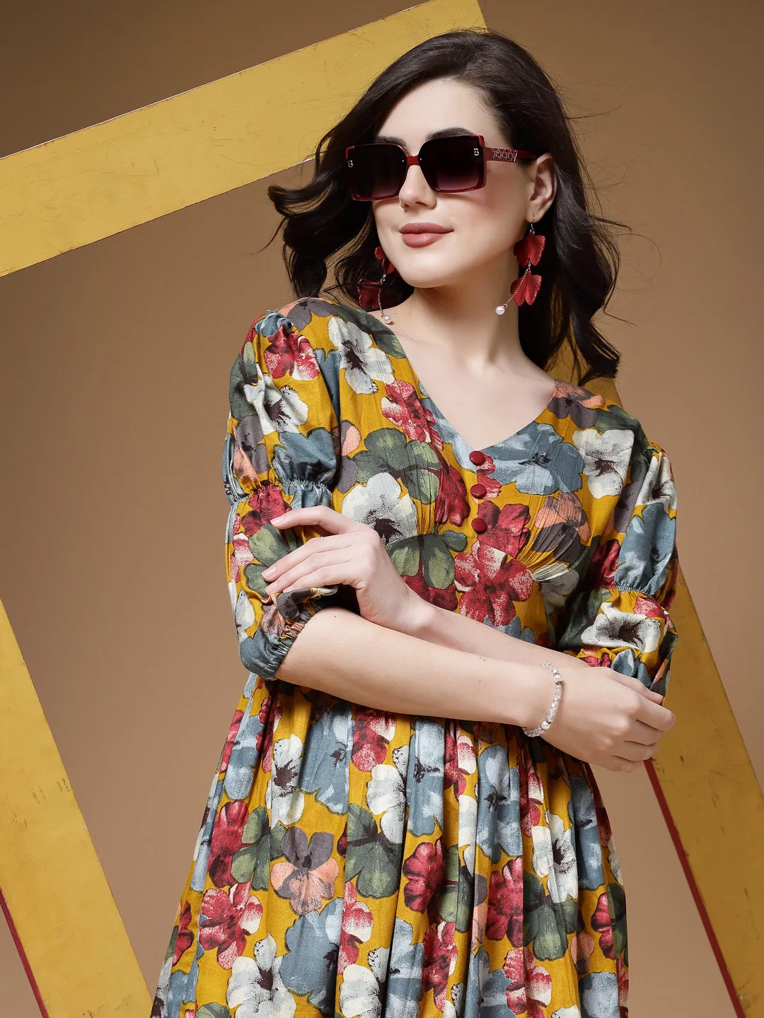 Indibelle Floral Print Rayon Flared Dress (Mustard)