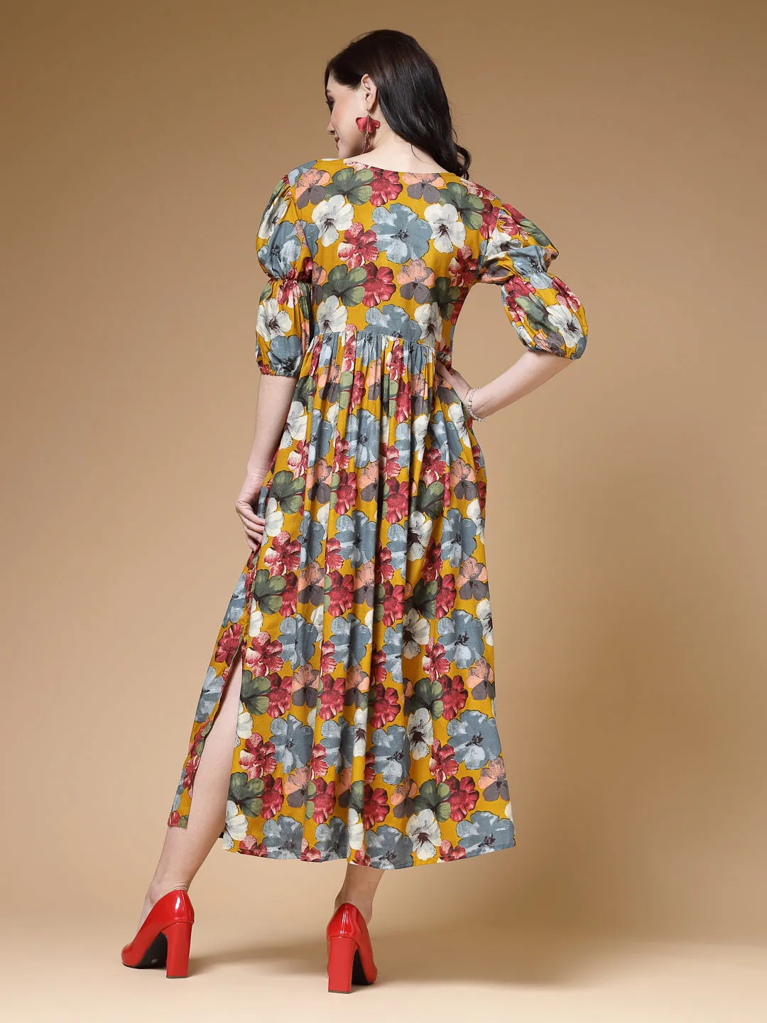 Indibelle Floral Print Rayon Flared Dress (Mustard)