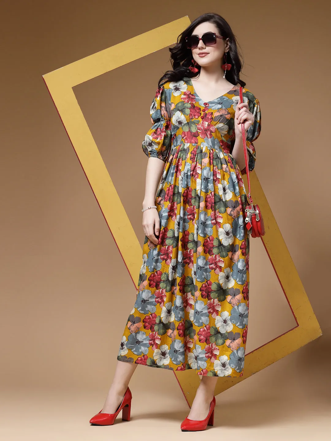 Indibelle Floral Print Rayon Flared Dress (Mustard)