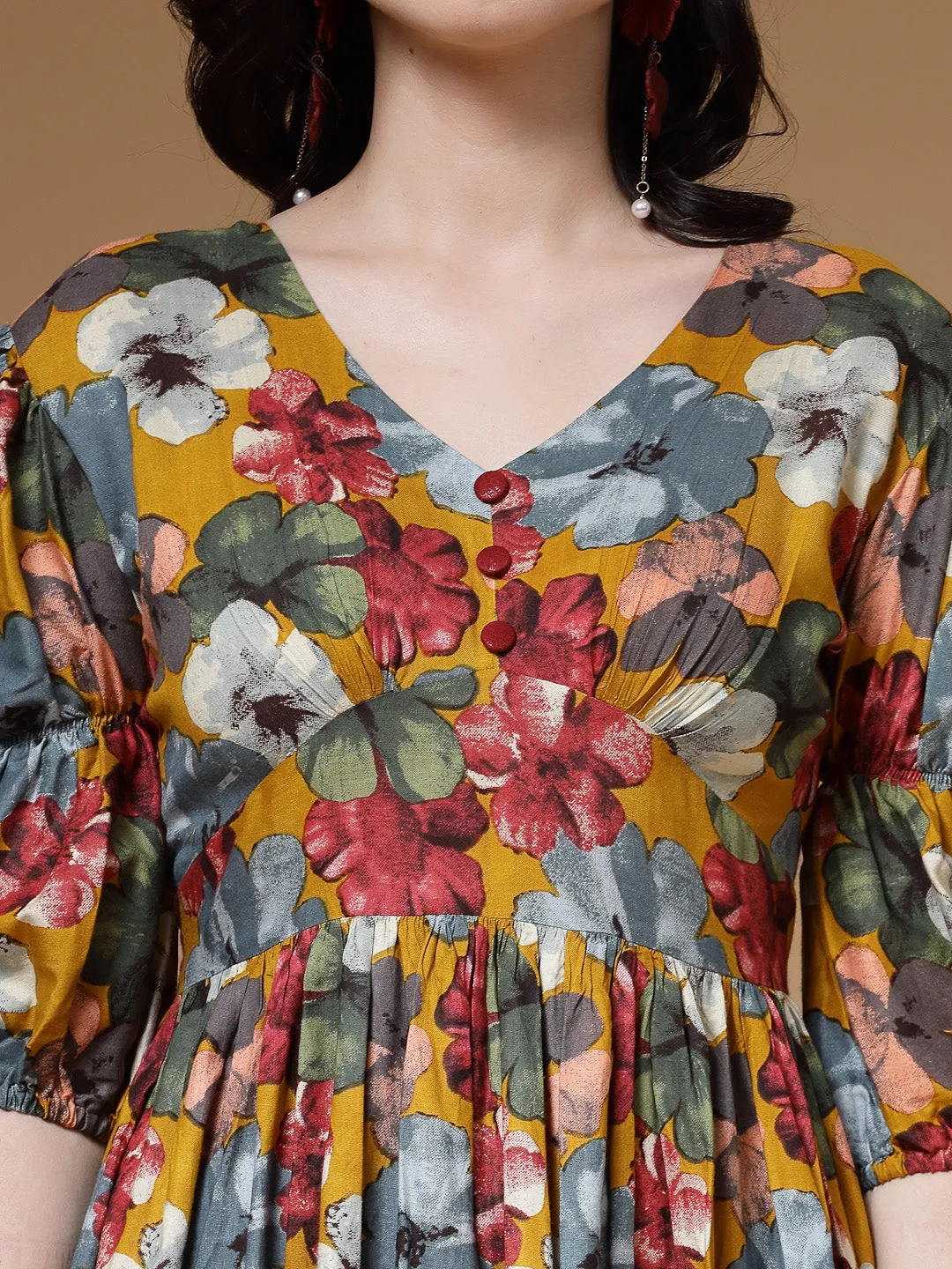 Indibelle Floral Print Rayon Flared Dress (Mustard)