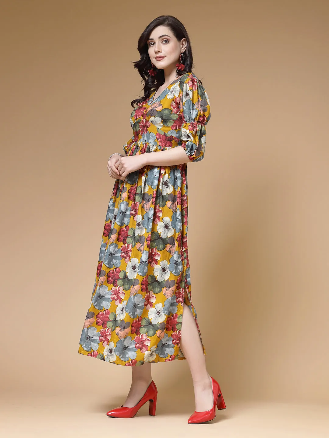 Indibelle Floral Print Rayon Flared Dress (Mustard)