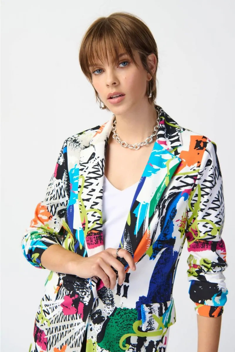 Joseph Ribkoff Vanilla/Multi Abstract Print One-Button Longline Blazer Jacket 241302