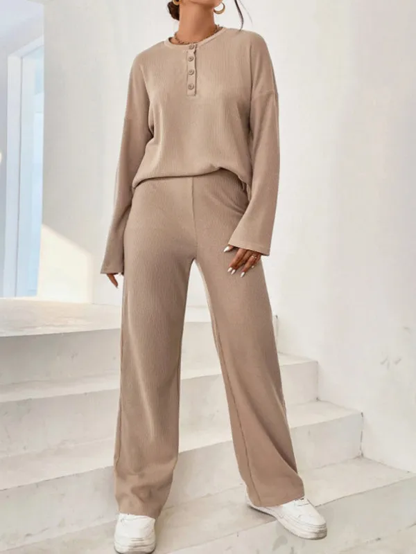 Knitted 2-Piece Loungewear Set - Long Sleeve Top & Relaxed Fit Pants