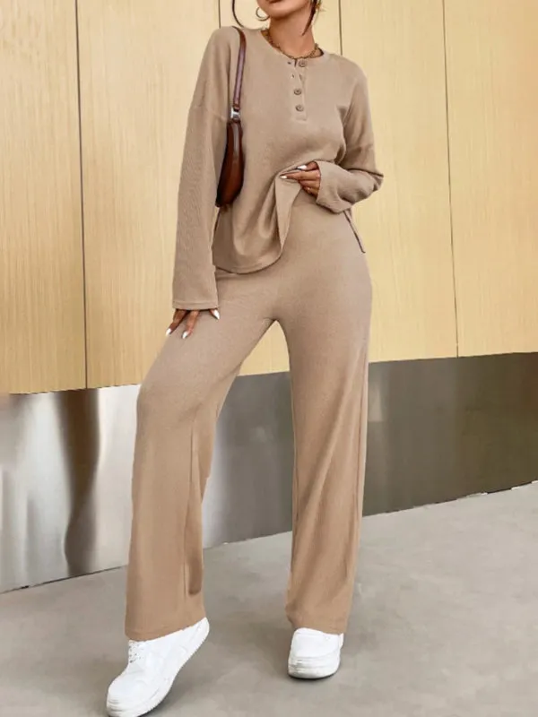 Knitted 2-Piece Loungewear Set - Long Sleeve Top & Relaxed Fit Pants